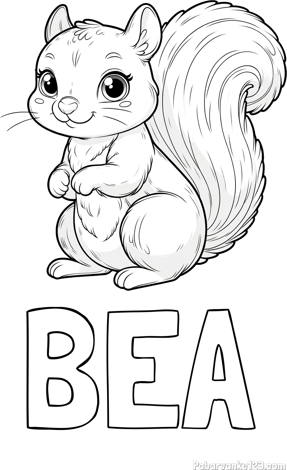 Pobarvanka imena BEA in pobarvanka zelo ljubke in nasmejane veverice