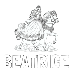 Online izdelana pobarvanka - Pobarvanka imena BEATRICE in pobarvanka princese na konju