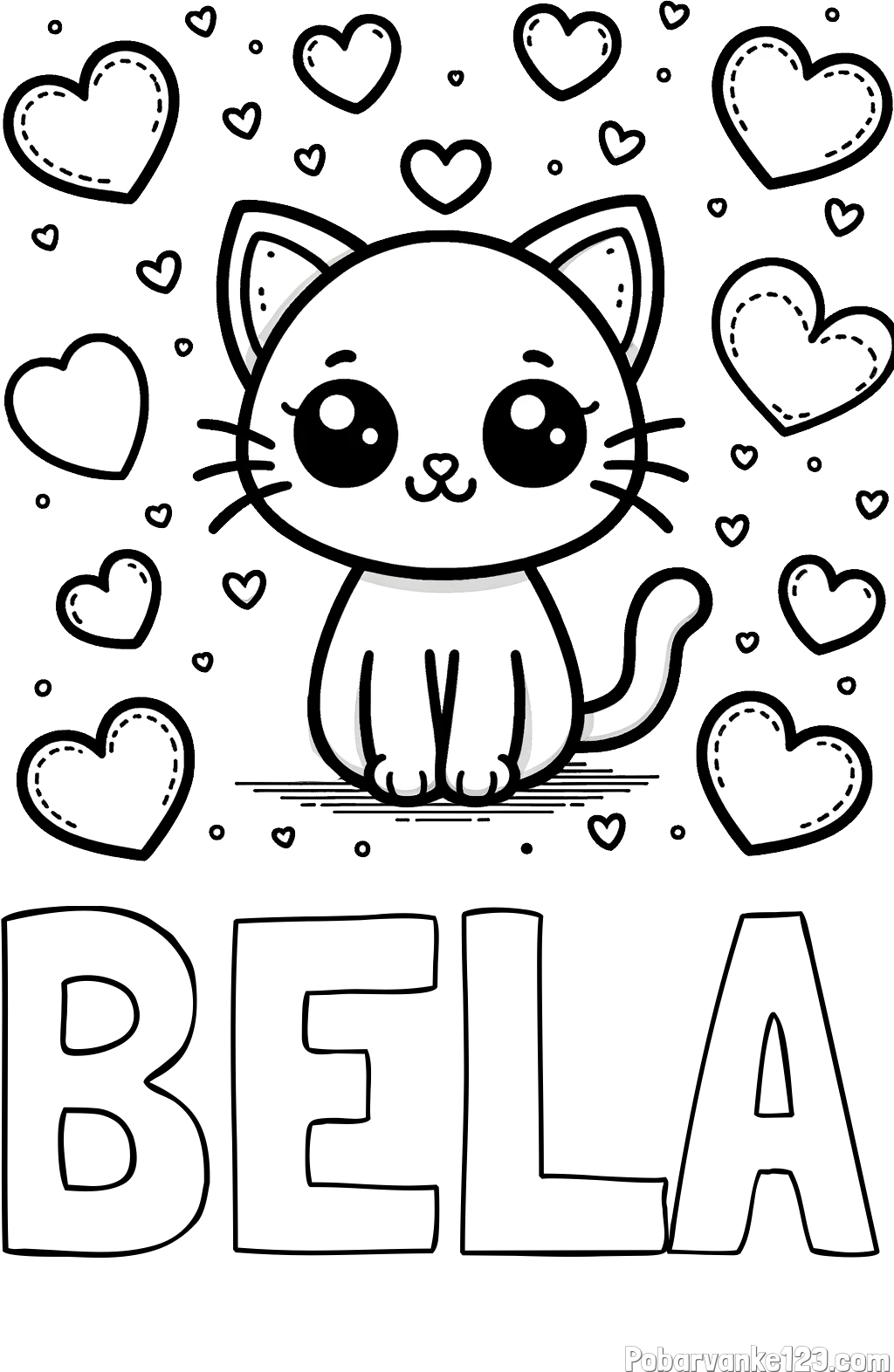 Pobarvanka imena BELA in pobarvanka ljubke mucke obdane z veliko srčki