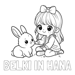 Online izdelana pobarvanka - Pobarvanka imena BELKI IN HANA in pobarvanka ljubke punčke, ki se igra z zajčkom