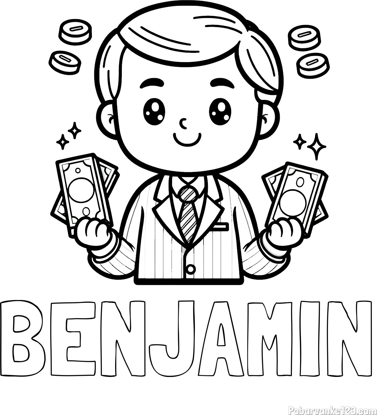Pobarvanka imena BENJAMIN in otroška pobarvanka bankirja z veliko denarja