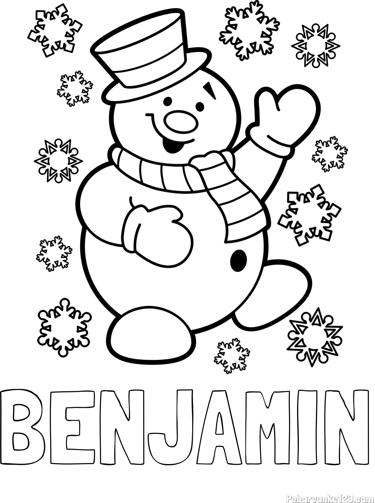 Pobarvanka imena BENJAMIN in pobarvanka veselega snežaka
