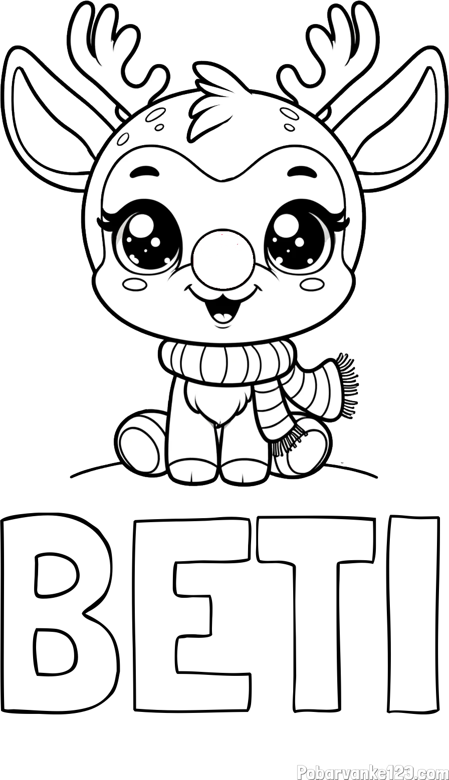 Pobarvanka imena BETI in otroška pobarvanka jelenčka Rudolfa s šalom okoli vratu