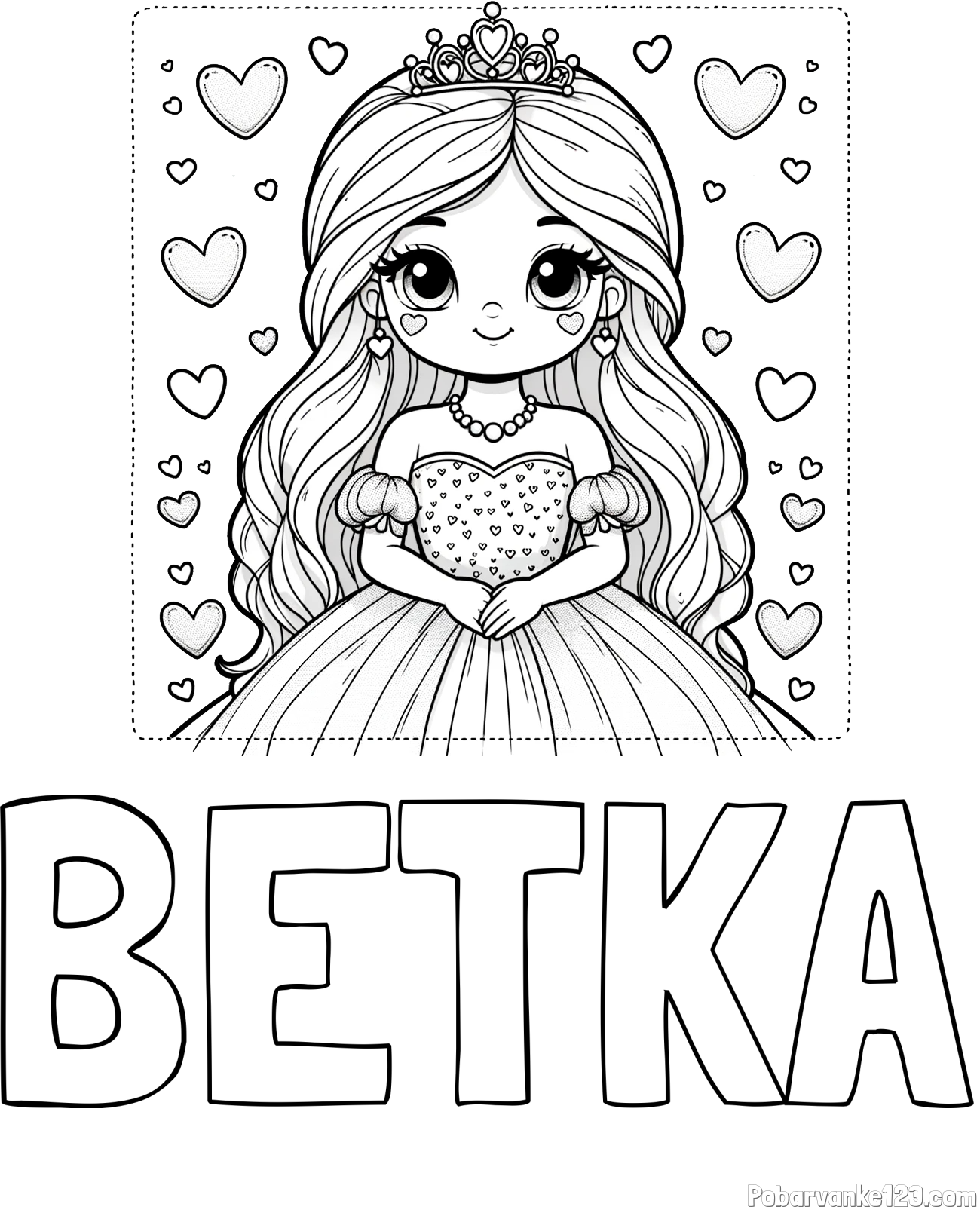 Pobarvanka imena BETKA in pobarvanka ljubke princese obdane s srčki