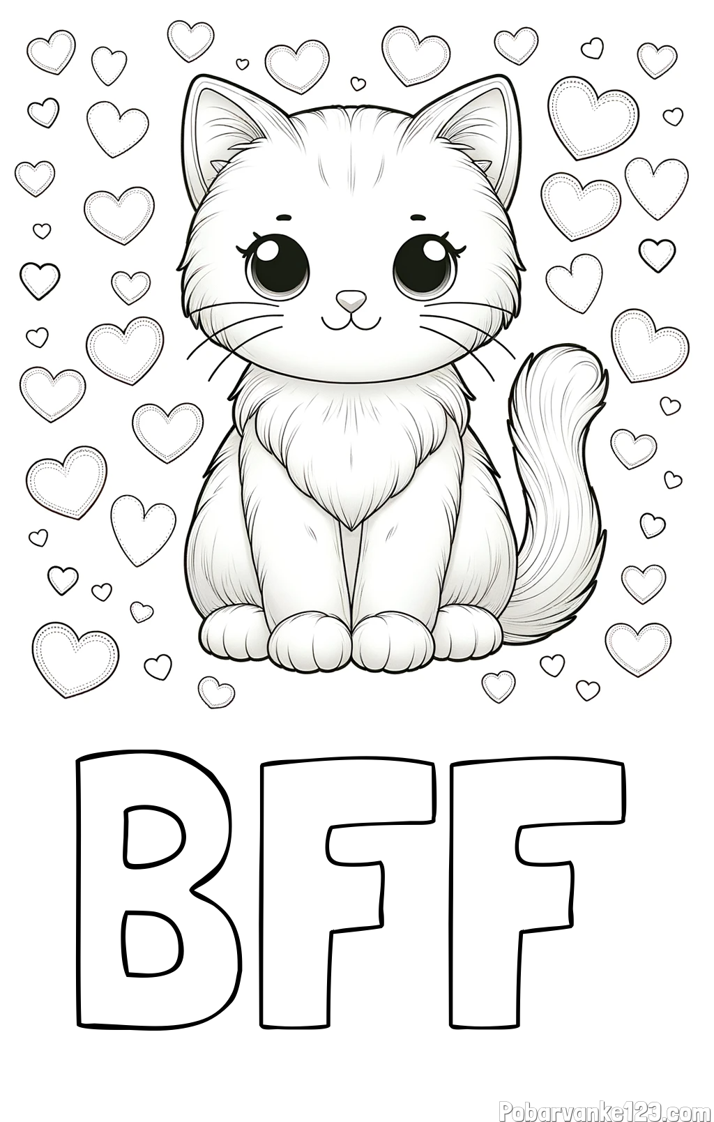 Pobarvanka imena BFF in pobarvanka ljubke mucke obdane s srčki
