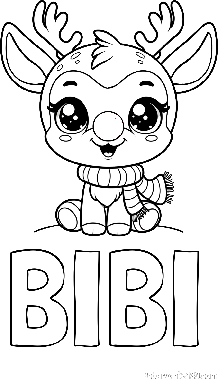 Pobarvanka imena BIBI in otroška pobarvanka jelenčka Rudolfa s šalom okoli vratu