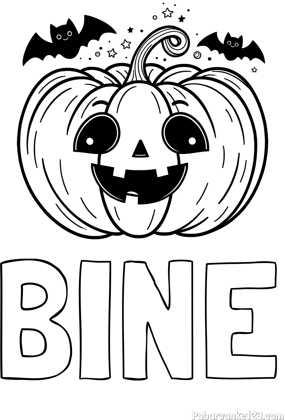 Pobarvanka imena BINE in pobarvanka nasmejane buče ter dveh netopirjev za noč čarovnic