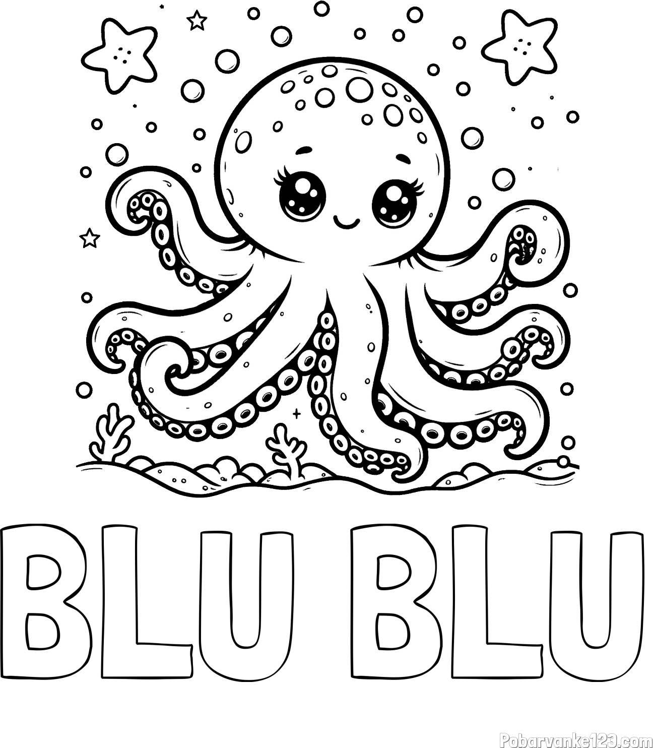 Pobarvanka imena BLU BLU in pobarvanka hobotnice v morju obdane z morskimi zvezdami