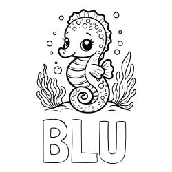 Online izdelana pobarvanka - Pobarvanka imena BLU in pobarvanka morskega konjička