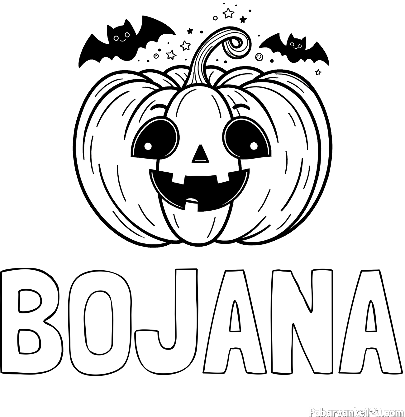 Pobarvanka imena BOJANA in pobarvanka nasmejane buče ter dveh netopirjev za noč čarovnic