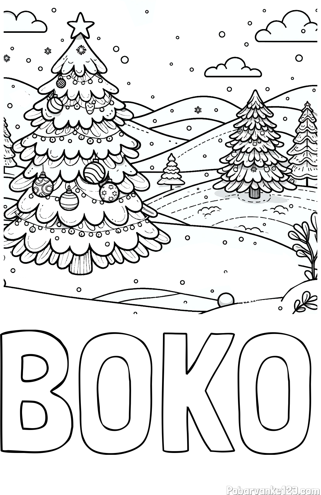 Pobarvanka imena BOKO in pobarvanka božične smrečice v naravi