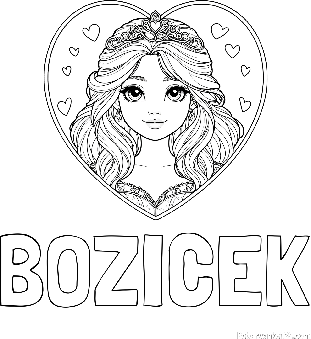 Pobarvanka imena BOŽIČEK in pobarvanka princeske ter srčkov