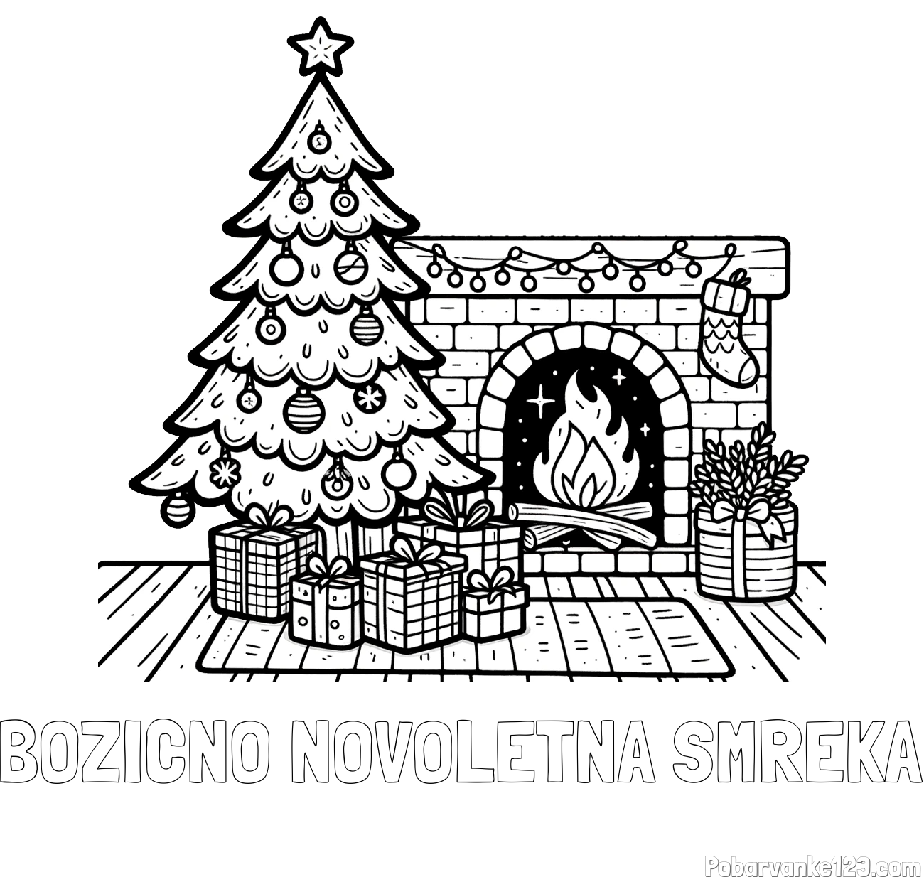 Pobarvanka imena BOŽIČNO NOVOLETNA SMREKA in pobarvanka božične noči z božično smrečico, darili ter kaminom