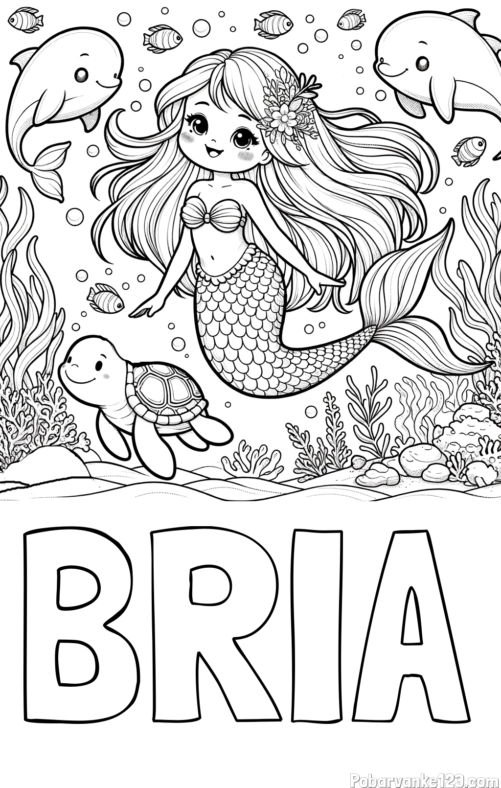 Pobarvanka imena BRIA in pobarvana ljubke morske deklice s prijatelji