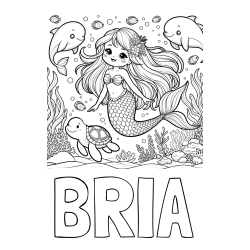 Online izdelana pobarvanka - Pobarvanka imena BRIA in pobarvana ljubke morske deklice s prijatelji