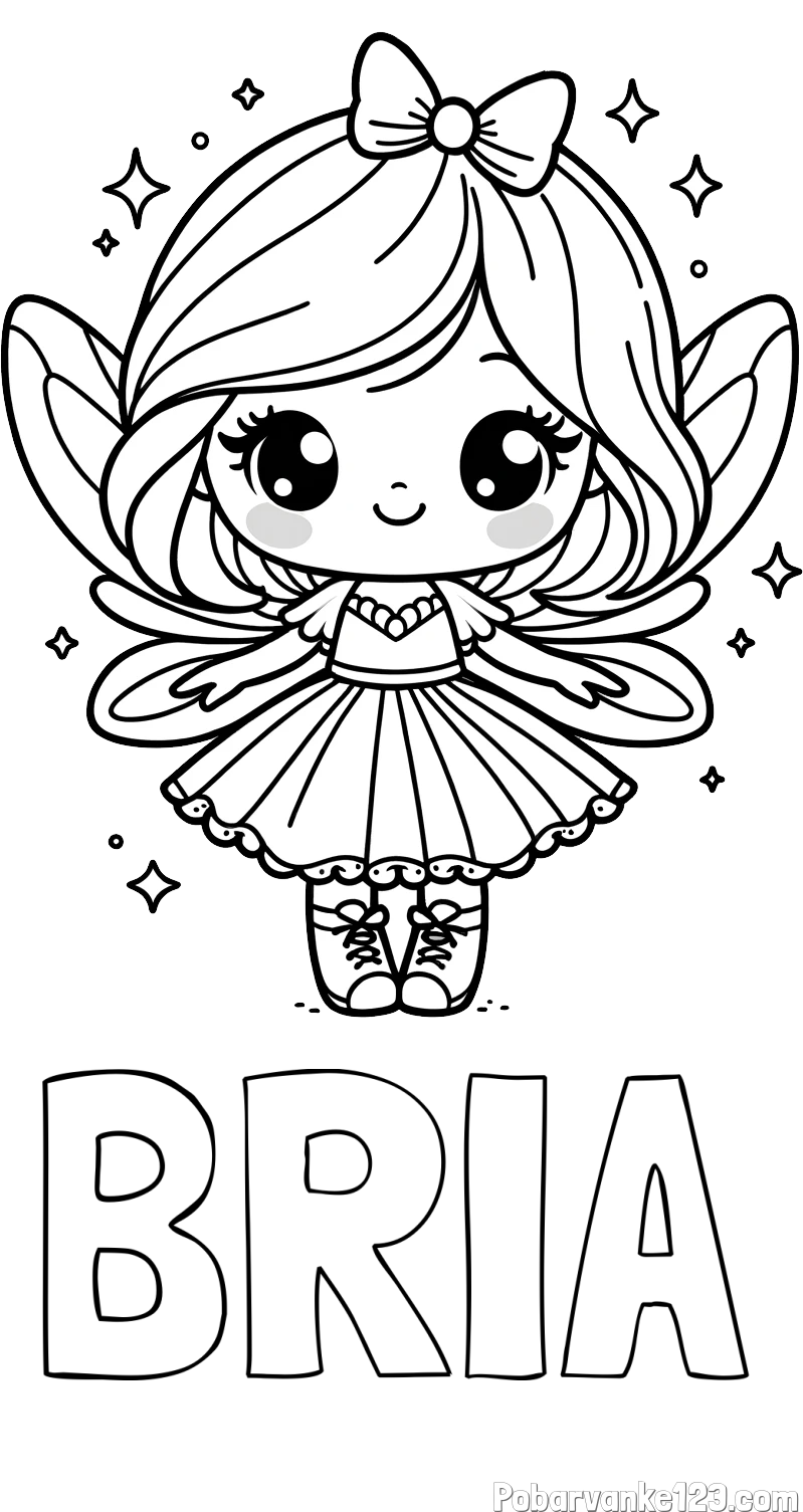 Pobarvanka imena BRIA in pobarvanka čarobne vile z ljubkim obrazom