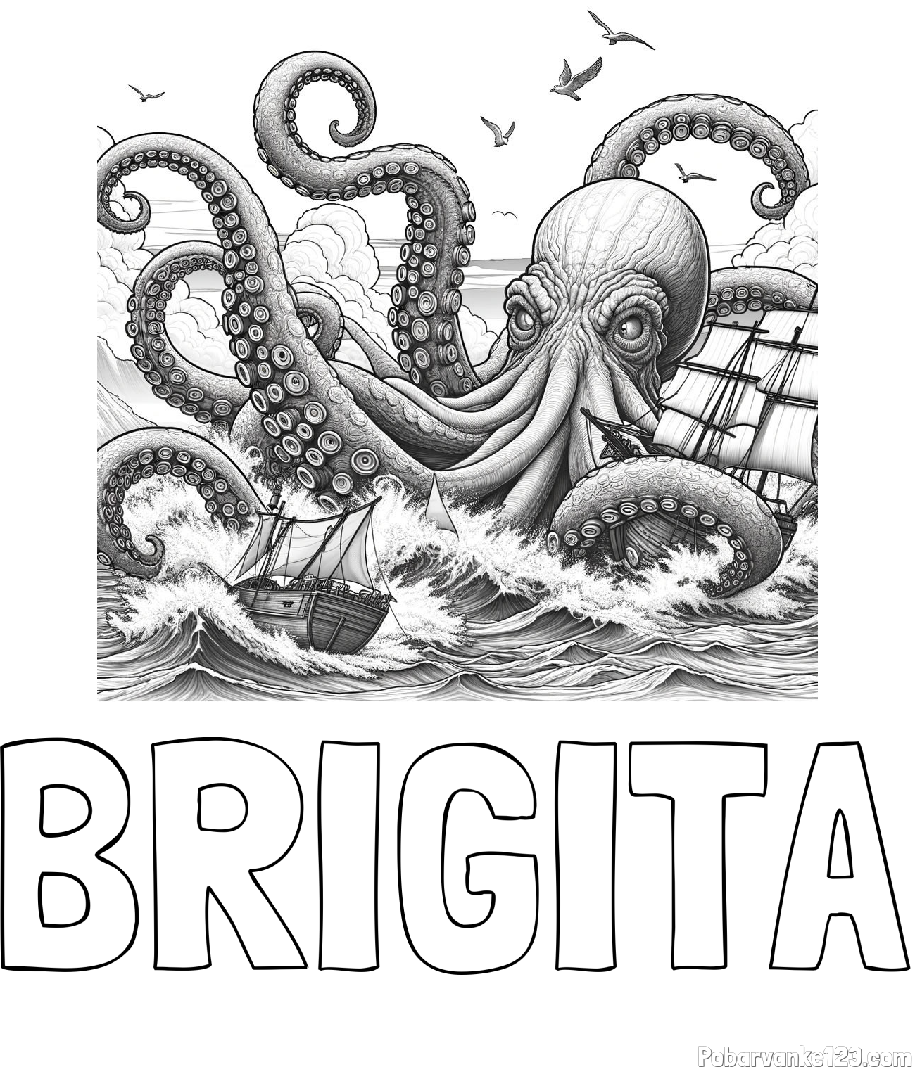 Pobarvanka imena BRIGITA in pobarvanka orjaške hobotnice, ki je napadla veliko gusarsko ladjo