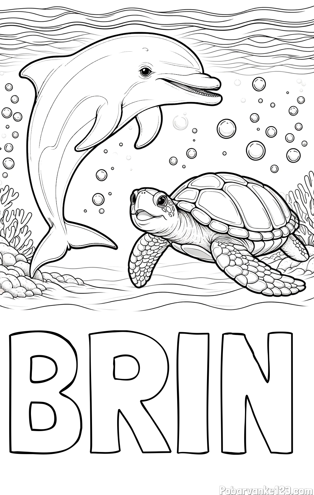 Pobarvanka imena BRIN in pobarvanka ljubkega delfina in njegove prijateljice želve