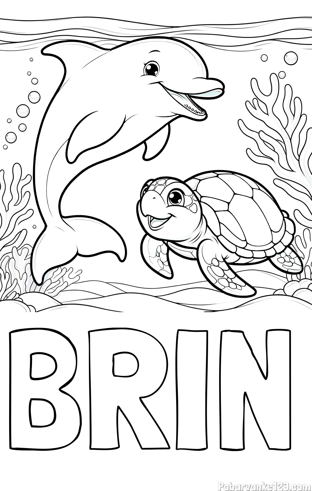 Pobarvanka imena BRIN in pobarvanka ljubkega delfina z želvo v morju