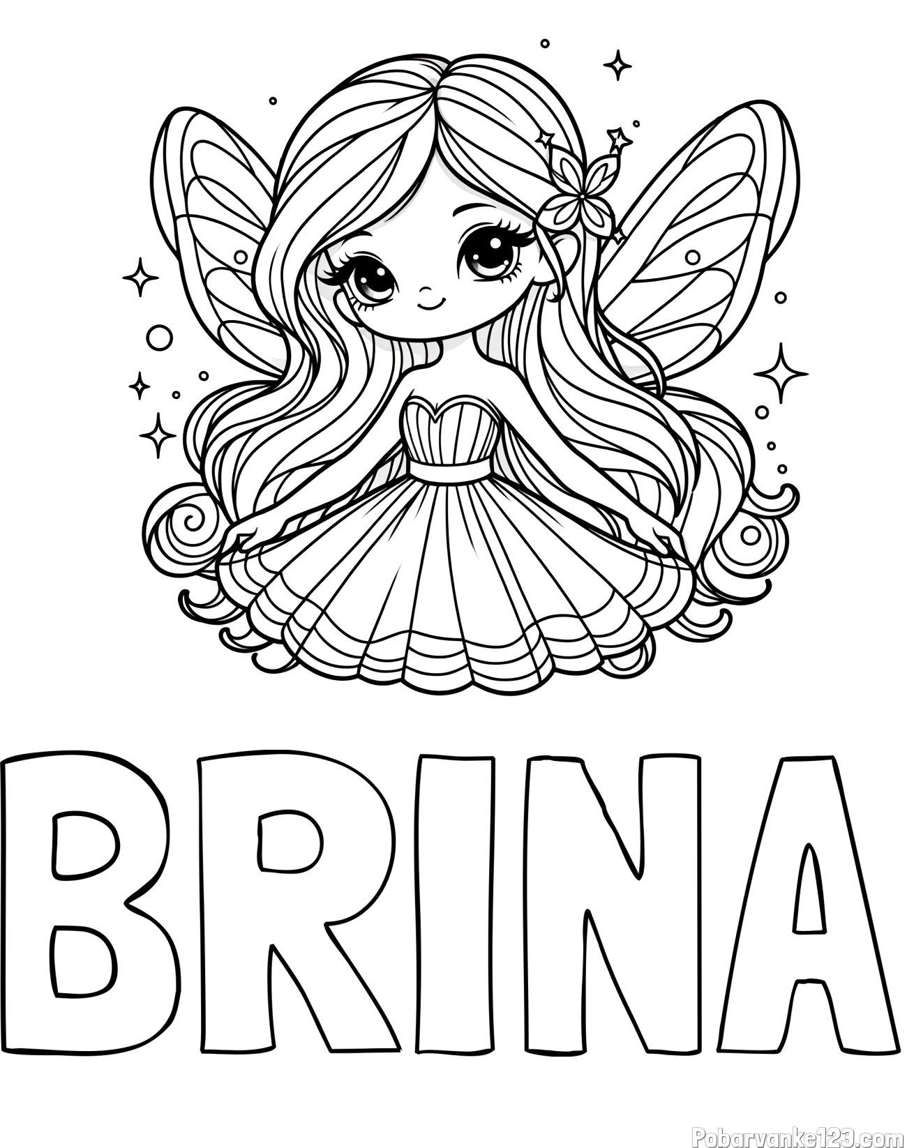 Pobarvanka imena BRINA in pobarvanka ljubke in nasmejane čarobne vile