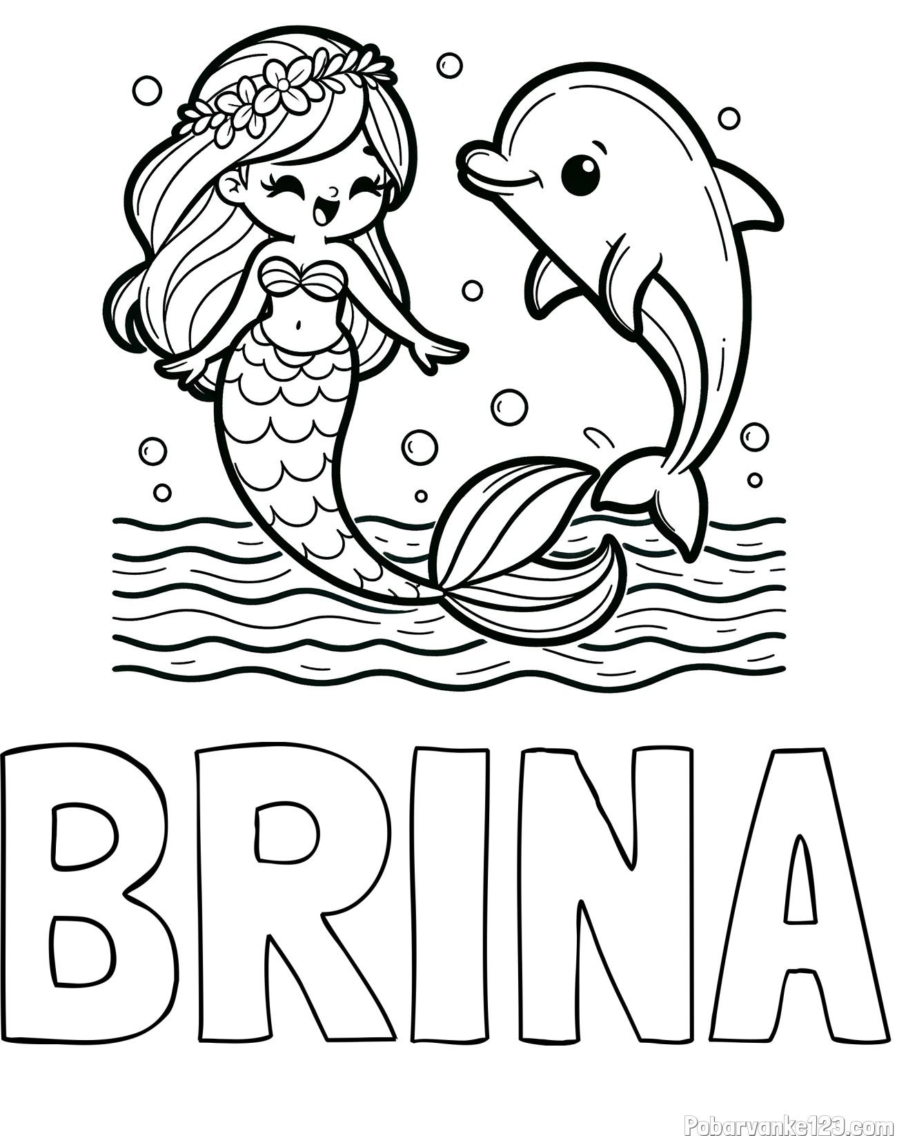 Pobarvanka imena BRINA in pobarvanka ljubke morske deklice, ki pleše z delfinom