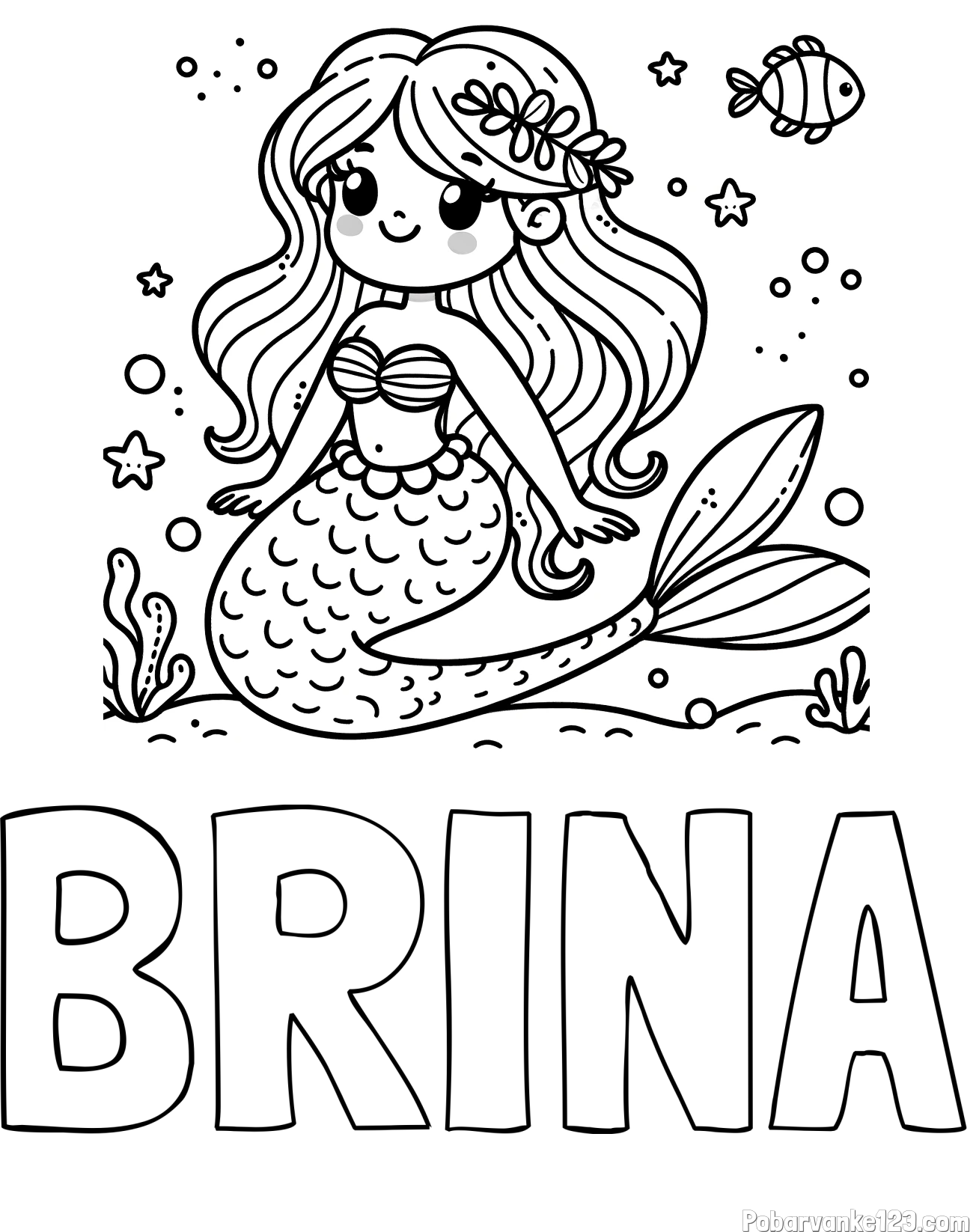 Pobarvanka imena BRINA in pobarvanka ljubke morske deklice v morju