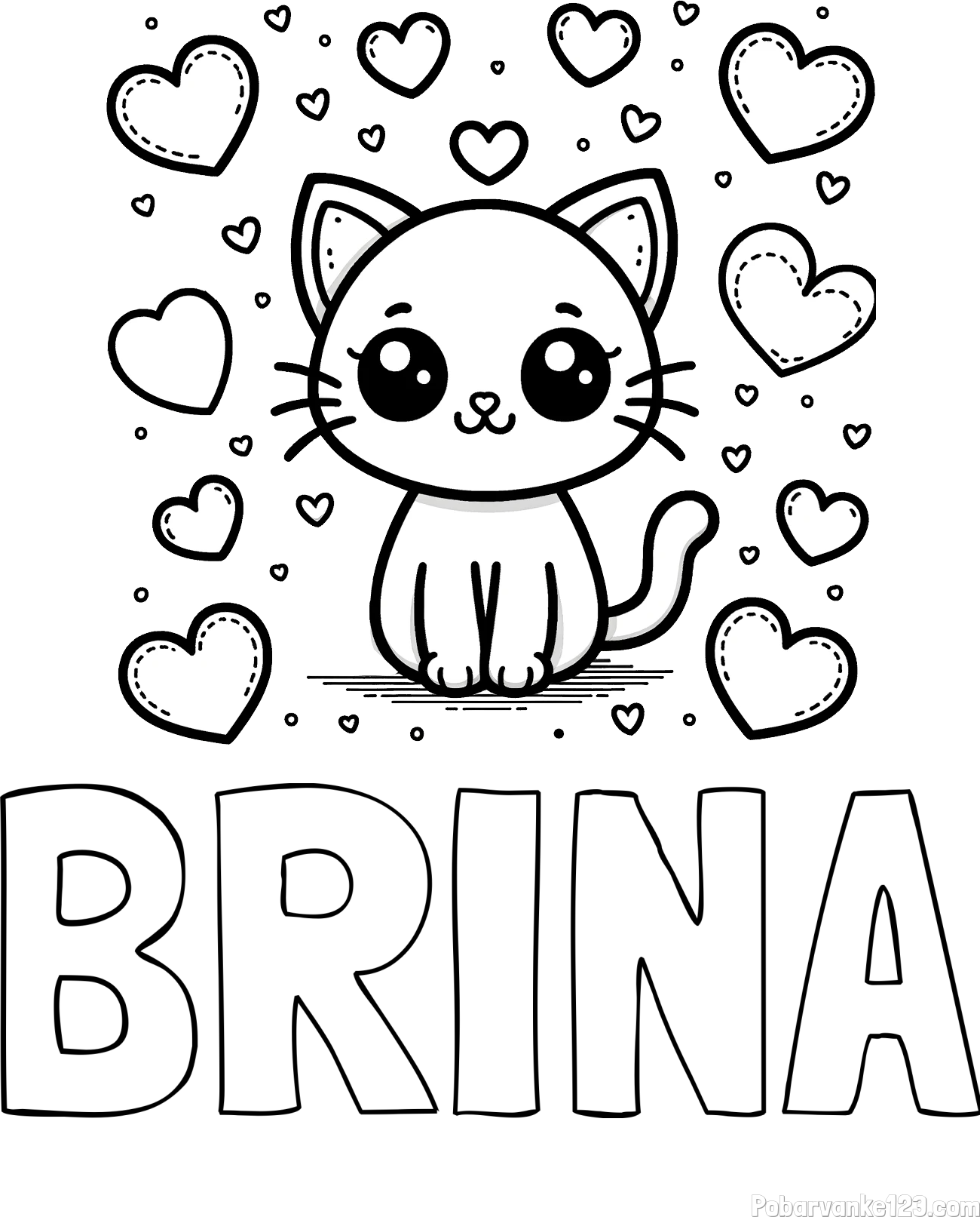 Pobarvanka imena BRINA in pobarvanka ljubke mucke obdane z veliko srčki