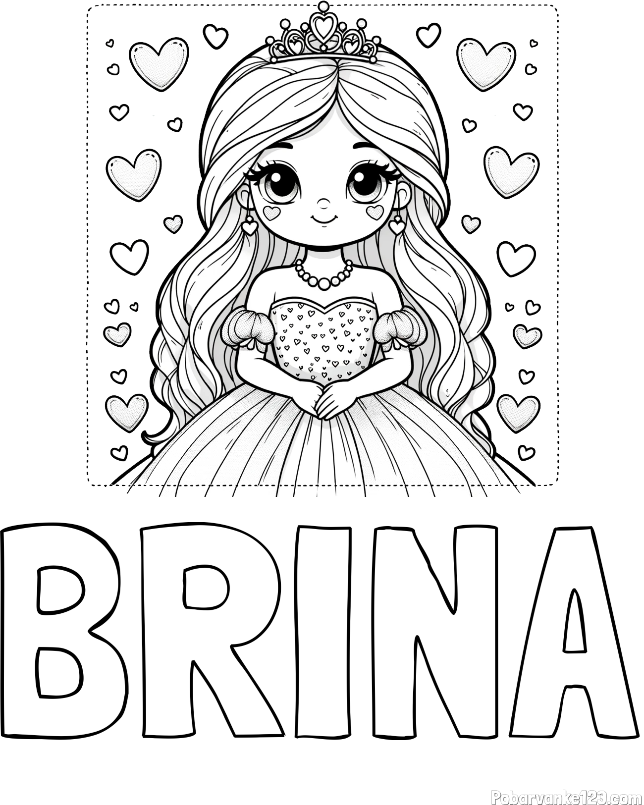 Pobarvanka imena BRINA in pobarvanka ljubke princese obdane s srčki