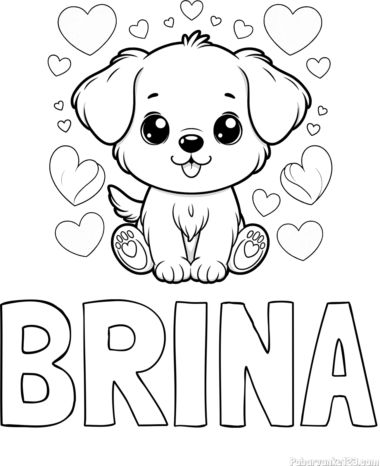 Pobarvanka imena BRINA in pobarvanka ljubkega kužka obdanega s srčki
