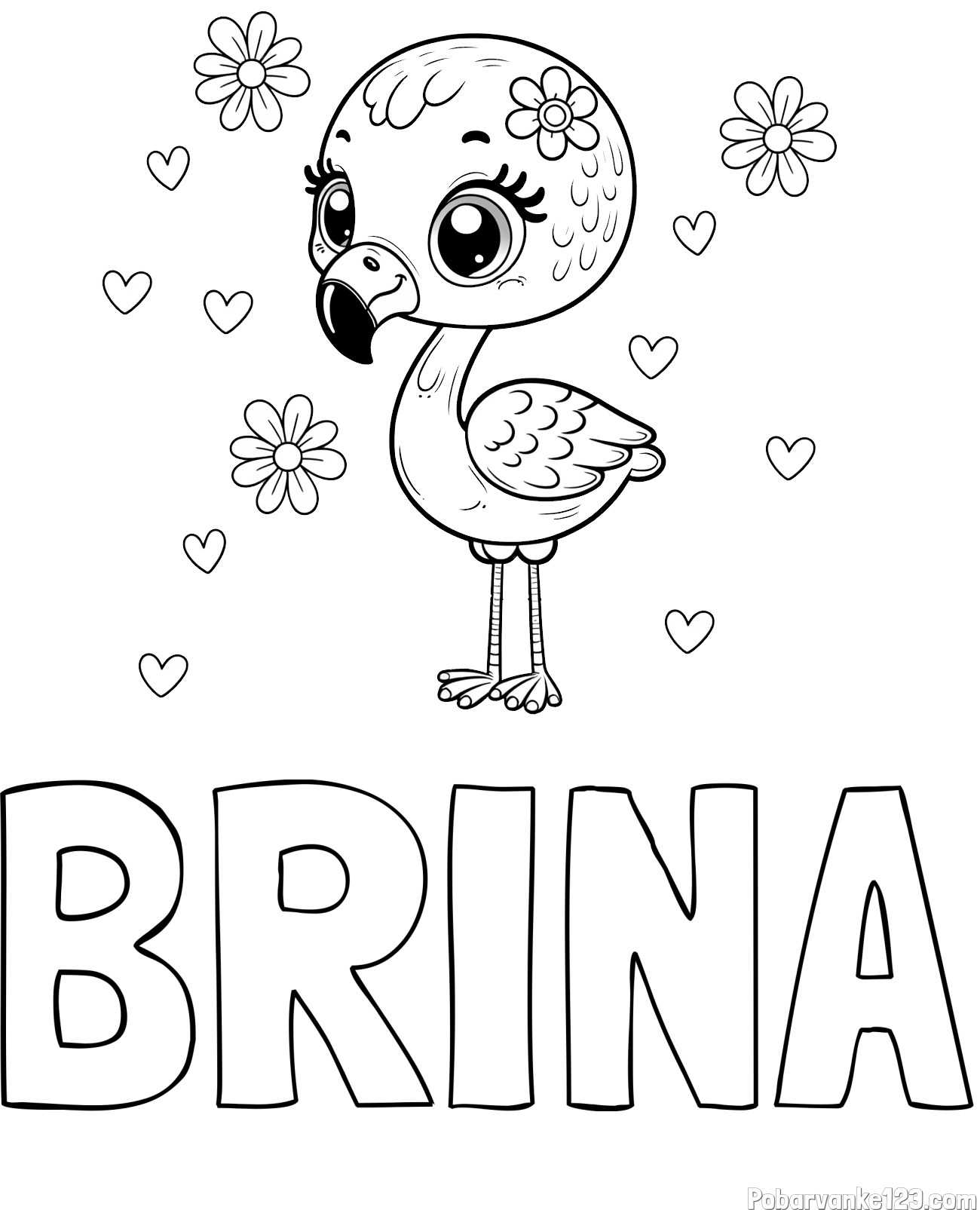Pobarvanka imena BRINA in pobarvanka mladička flaminga z rožicami in srčki