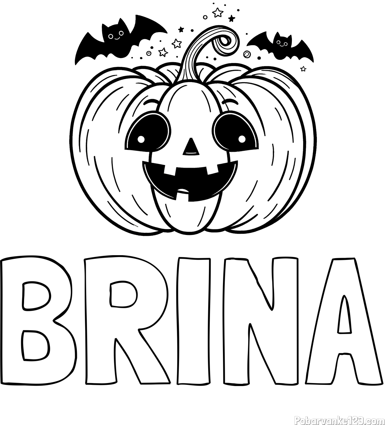Pobarvanka imena BRINA in pobarvanka nasmejane buče ter dveh netopirjev za noč čarovnic