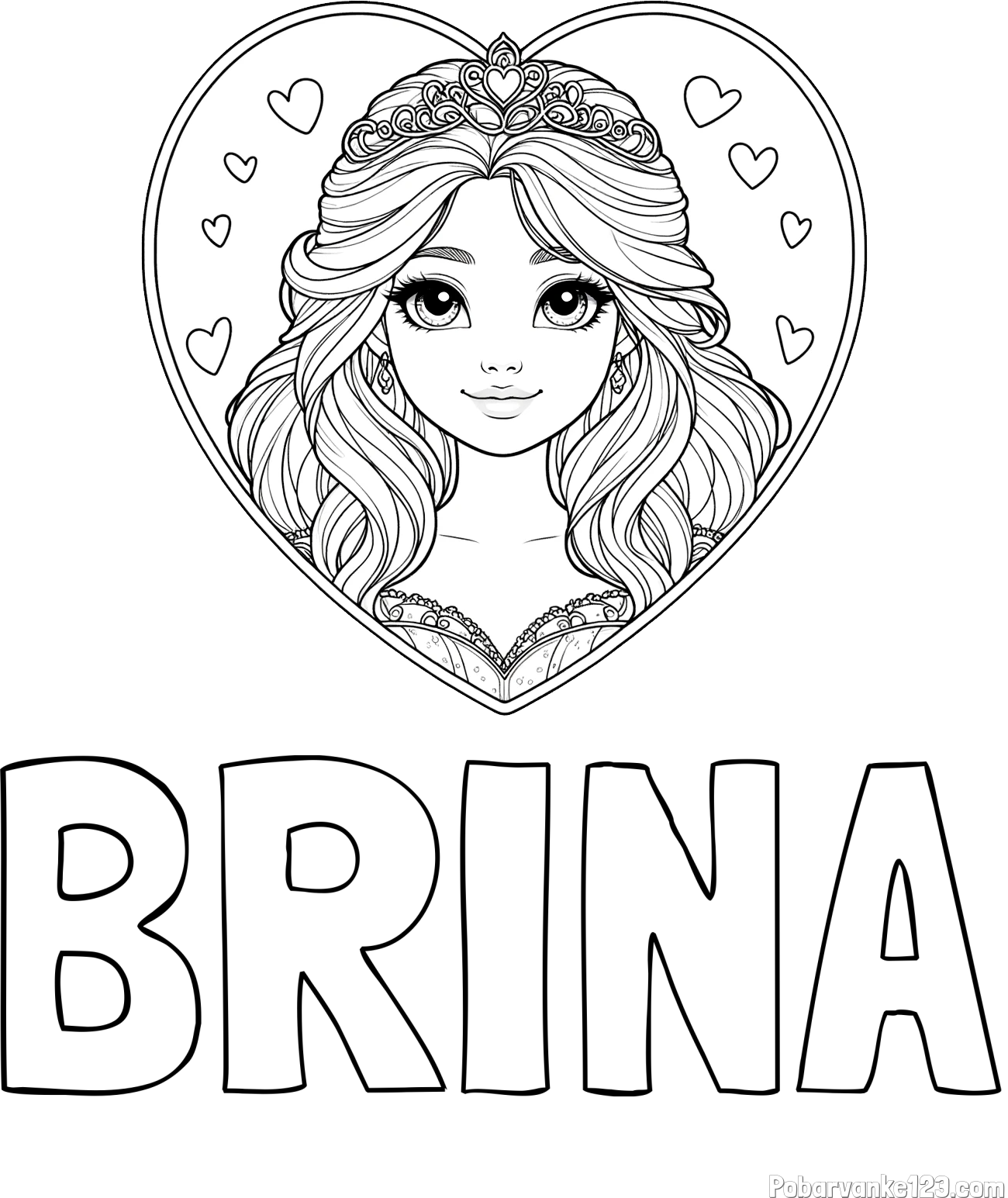Pobarvanka imena BRINA in pobarvanka princeske ter srčkov