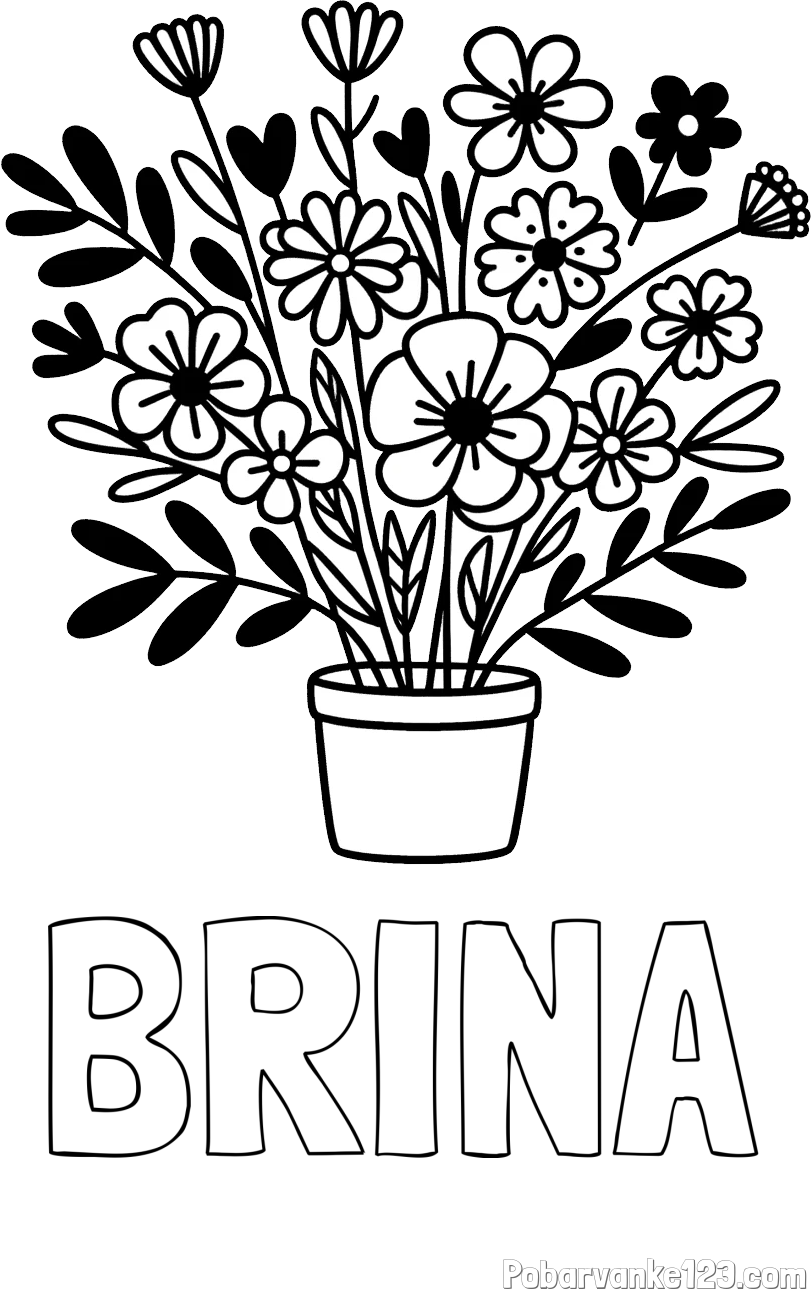 Pobarvanka imena BRINA in pobarvanka rož v cvetličnem loncu