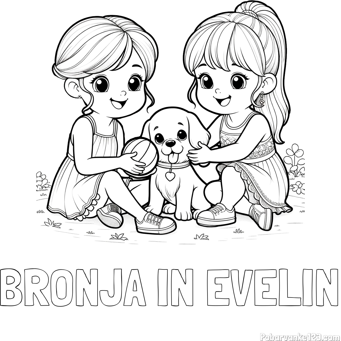 Pobarvanka imena BRONJA IN EVELIN in pobarvanka prijateljic s kužkom