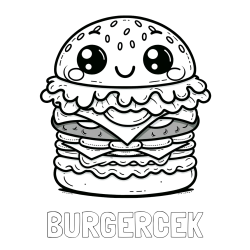 Online izdelana pobarvanka - Pobarvanka imena BURGERČEK in otroška pobarvanka nasmejanega hamburgerja