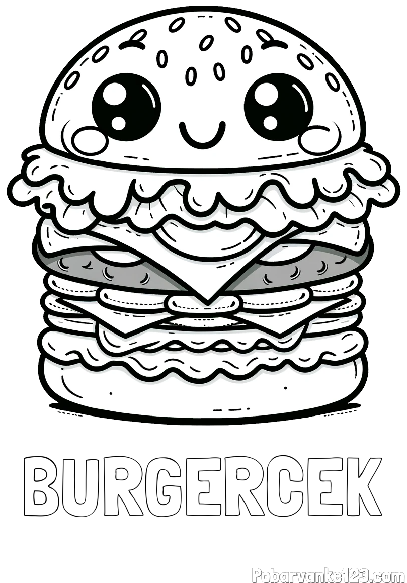 Pobarvanka imena BURGERČEK in otroška pobarvanka nasmejanega hamburgerja