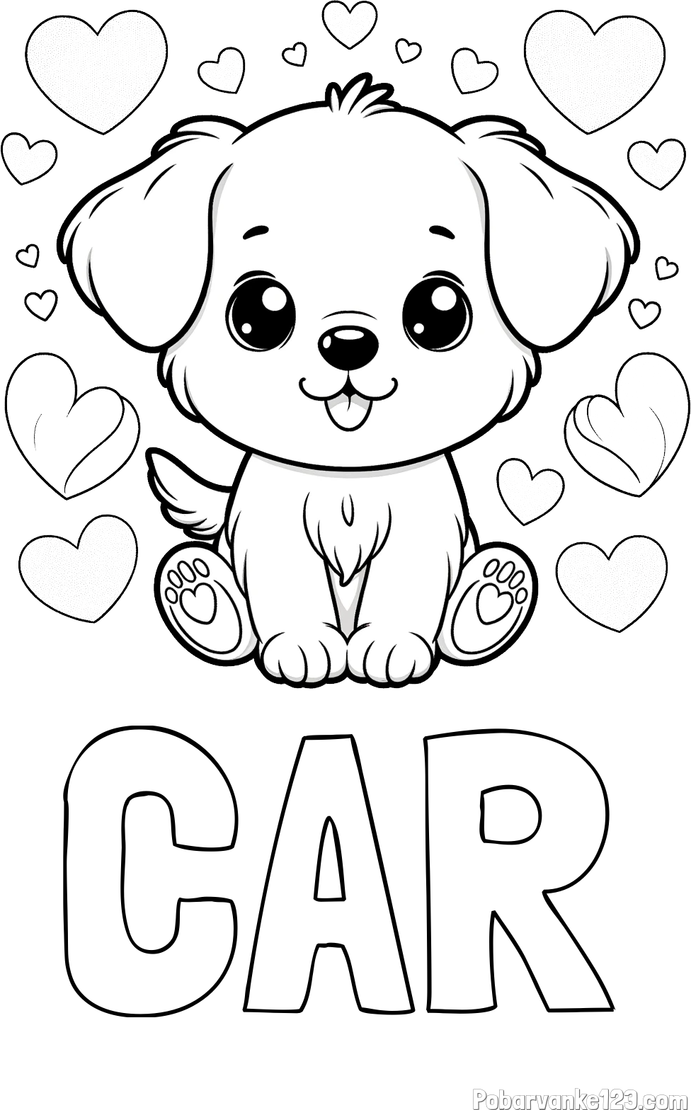 Pobarvanka imena CAR in pobarvanka ljubkega kužka obdanega s srčki