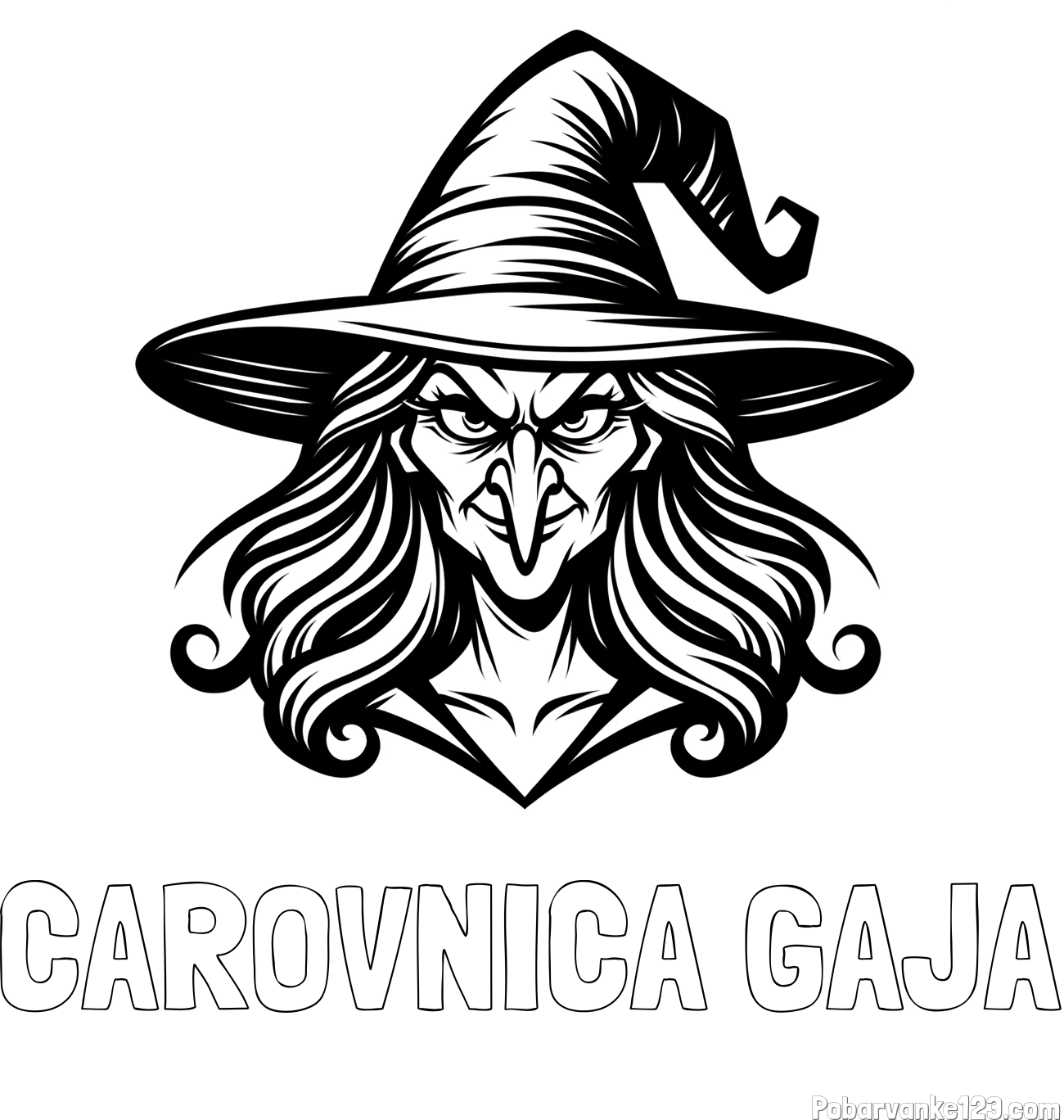 Pobarvanka imena ČAROVNICA GAJA in pobarvanka zlobne čarovnice s kljukastim nosom