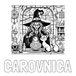 Online izdelana pobarvanka - Pobarvanka imena ČAROVNICA in pobarvanka zlobne čarovnice, muce in miške