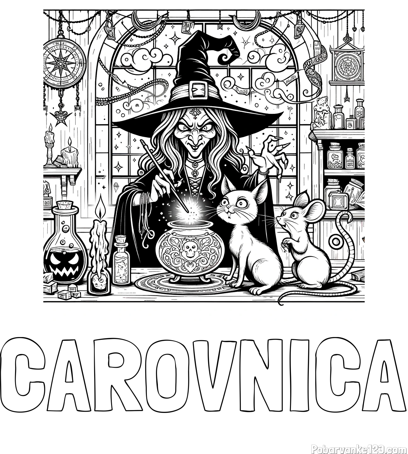 Pobarvanka imena ČAROVNICA in pobarvanka zlobne čarovnice, muce in miške