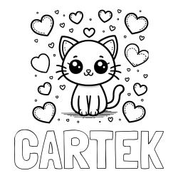 Online izdelana pobarvanka - Pobarvanka imena CARTEK in pobarvanka ljubke mucke obdane z veliko srčki