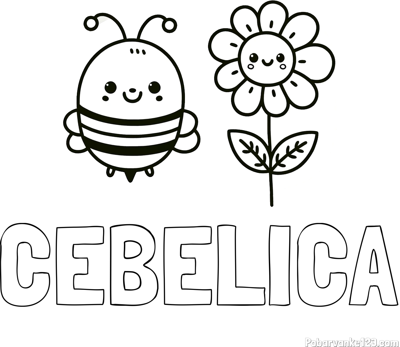 Pobarvanka imena ČEBELICA in pobarvanka ljubke čebelice in nasmejane rože