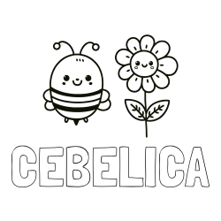 Online izdelana pobarvanka - Pobarvanka imena ČEBELICA in pobarvanka ljubke čebelice in nasmejane rože