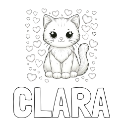 Online izdelana pobarvanka - Pobarvanka imena CLARA in pobarvanka ljubke mucke obdane s srčki