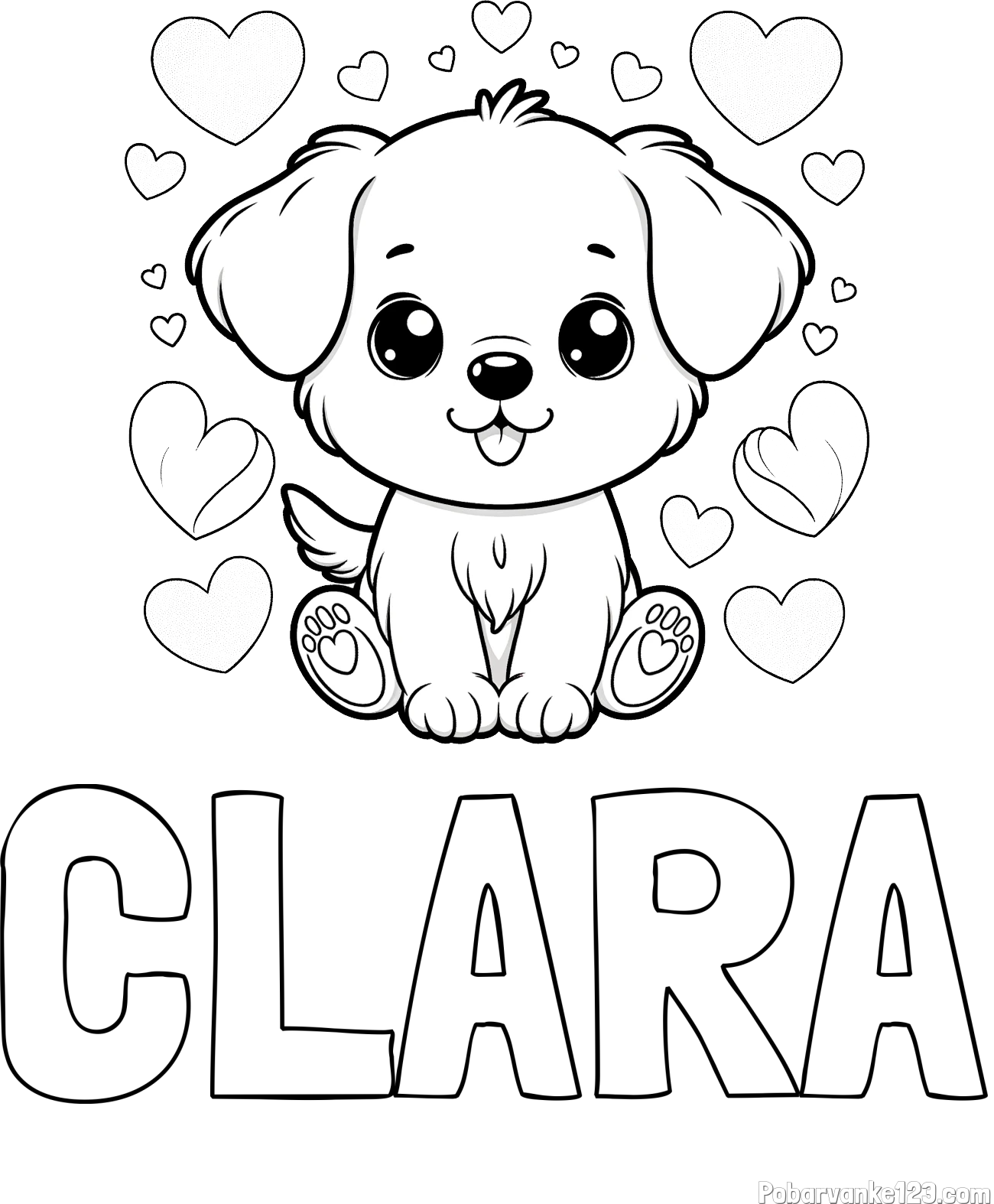 Pobarvanka imena CLARA in pobarvanka ljubkega kužka obdanega s srčki