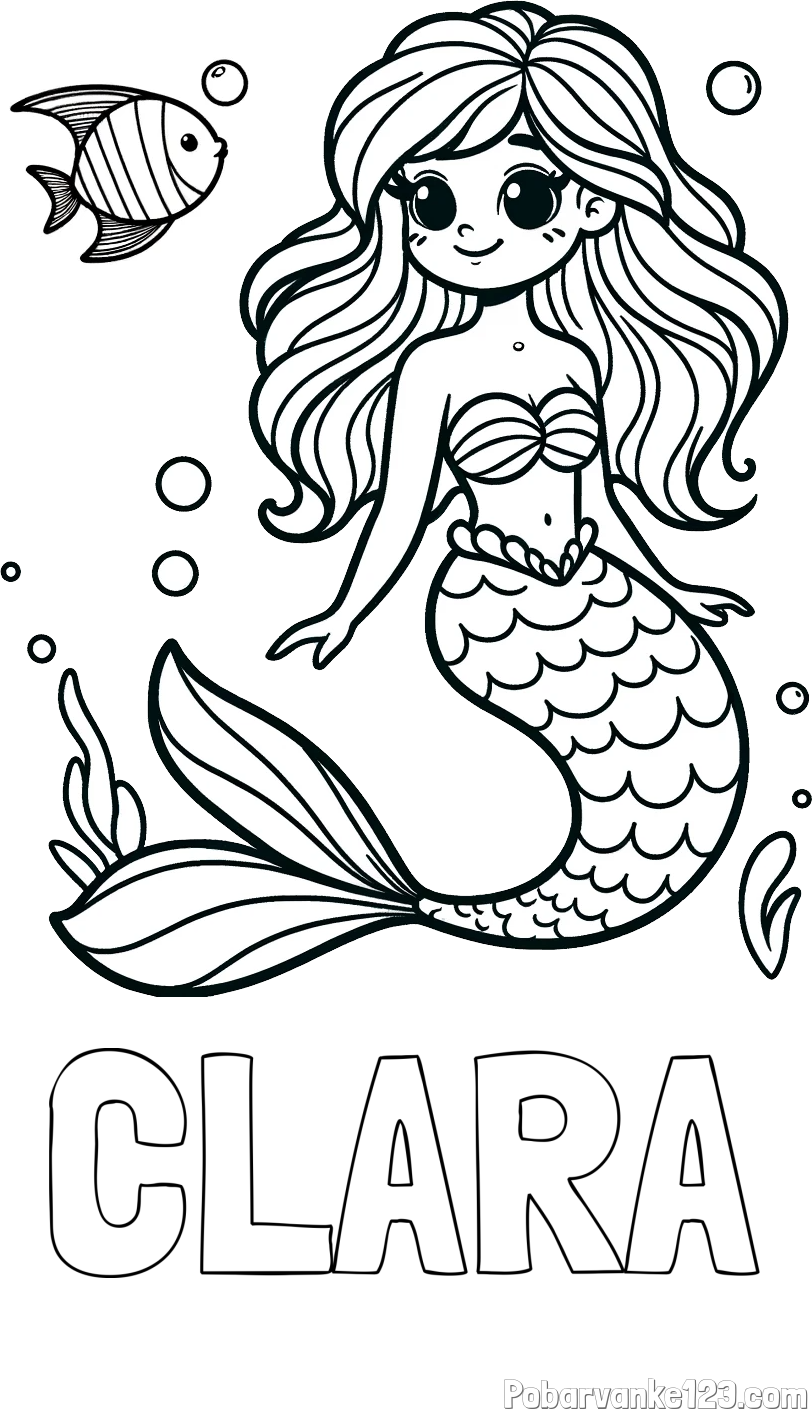 Pobarvanka imena CLARA in pobarvanka male morske deklice in ribice