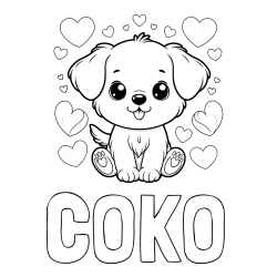 Online izdelana pobarvanka - Pobarvanka imena ČOKO in pobarvanka ljubkega kužka obdanega s srčki