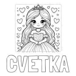 Online izdelana pobarvanka - Pobarvanka imena CVETKA in pobarvanka ljubke princese obdane s srčki