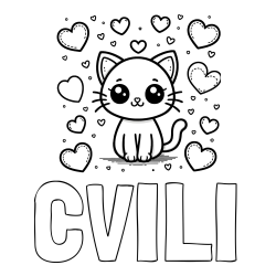 Online izdelana pobarvanka - Pobarvanka imena CVILI in pobarvanka ljubke mucke obdane z veliko srčki