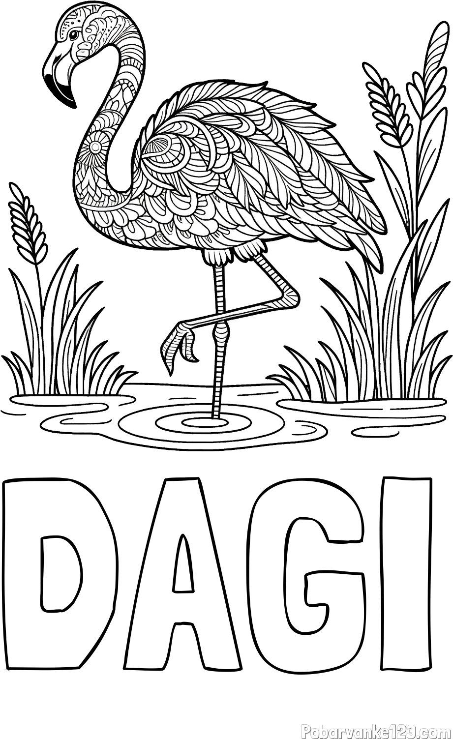 Pobarvanka imena DAGI in pobarvanka flaminga z abstraktnimi vzorci